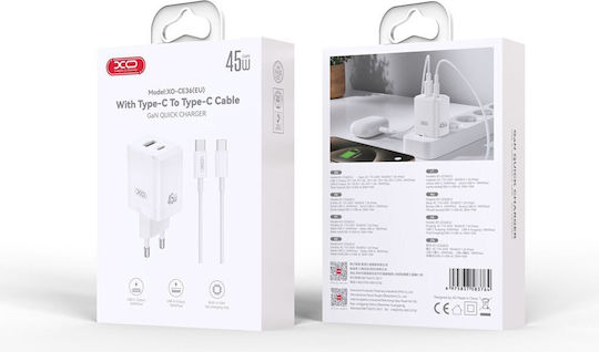 XO GaN с USB-A порт и USB-C порт и кабел USB-C - USB-C 45W Power Delivery / Quick Charge 3.0 Бял (CE36)