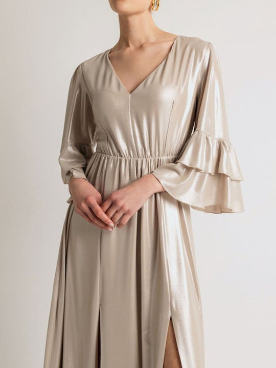 Rochie Maxi De Seară Spate Deschisă Cu Volane Aurie