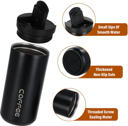 Uncle George Glass Thermos Stainless Steel 400ml Mouthpiece Black with Mouthpiece
