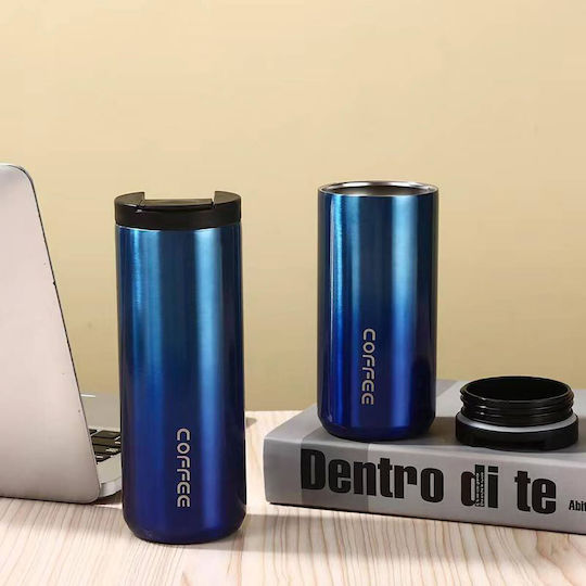 Uncle George Glass Thermos Stainless Steel 400ml Mouthpiece Blue with Mouthpiece
