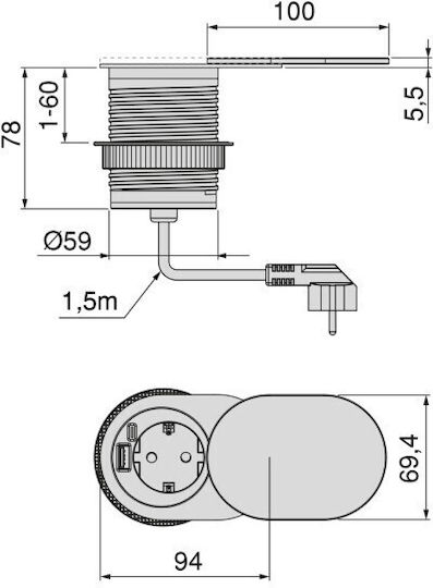 Emuca Einzeln Gemauerte Steckdose mit 2 USB-Anschlüssen und Deckel