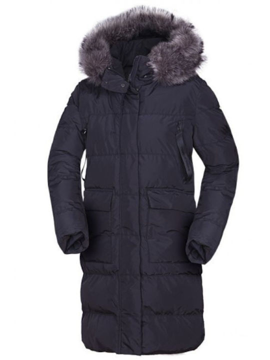 Lungă Jachetă de femei Puffer cu glugă de blană Negru