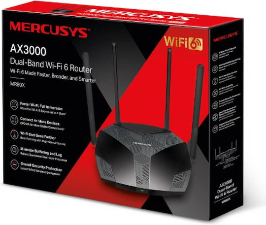 Mercusys MR80X v1 Drahtlos Router Wi-Fi 6 mit 3 Anschlüssen Gigabit Ethernet