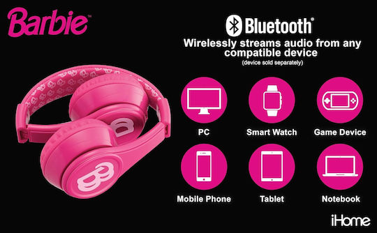 eKids Barbie Bluetooth Wireless On Ear Headphones with Radio with 3 hours of Operation Pink
