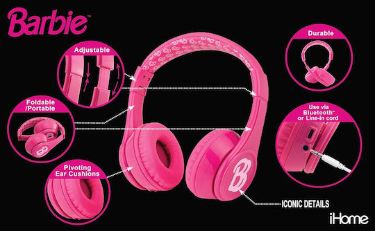 eKids Barbie Bluetooth Wireless On Ear Headphones with Radio with 3 hours of Operation Pink