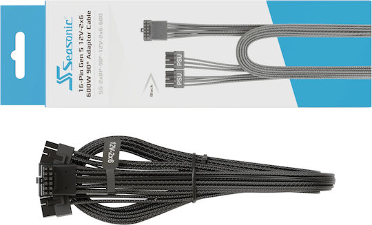 Seasonic Wa2v16881bw Захранващ кабел 2x 8-пинов към 1x 90° 12v-2x6 70 см ATX 3 PCIe 5 600W Черен