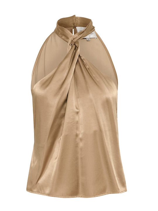 Women's Blouse Satin Sleeveless with Halter Neck Beige