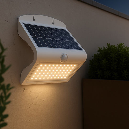 123led Επιτοίχιο Ηλιακό Φωτιστικό 4W 800lm Θερμό Λευκό 3000K με Αισθητήρα Κίνησης και Φωτοκύτταρο IP65