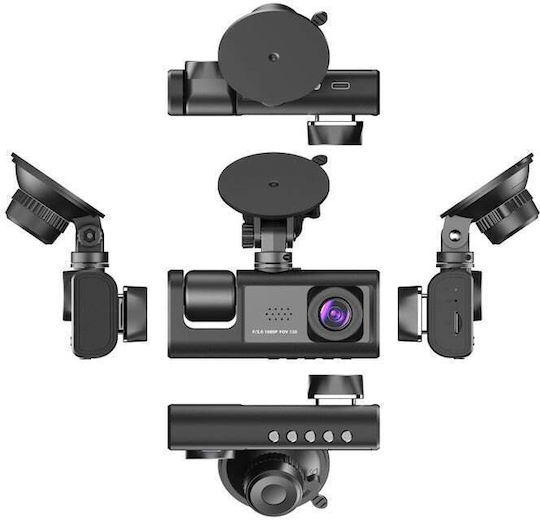 Triple Dash Cam Front Interior Rear View Night Vision Hd 170° Angle Full Hd Suction Cup Mount Black
