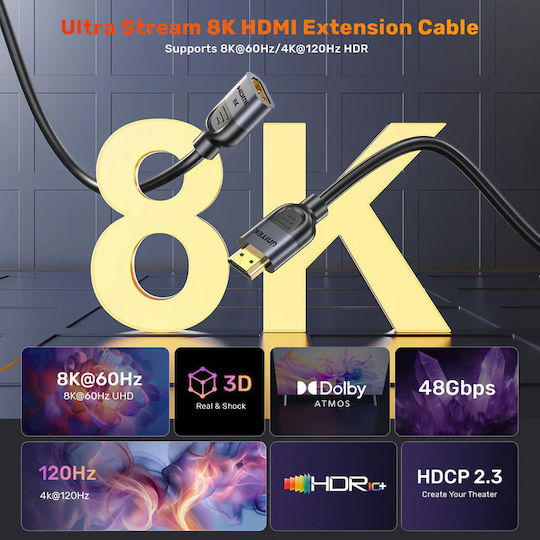 Unitek HDMI 2.1 Ultra High Speed 48Gbps 4K 120Hz HDR VRR Cable HDMI male - HDMI female 3m Μαύρο
