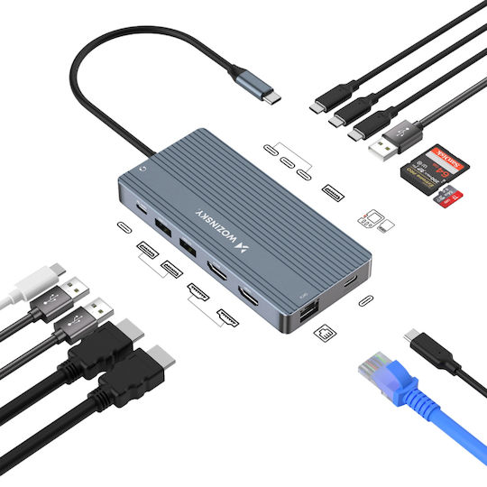 Wozinsky WDS03Y5S USB-C Docking Station mit HDMI 4K PD Ethernet und Verbindung 3 Monitore Gray