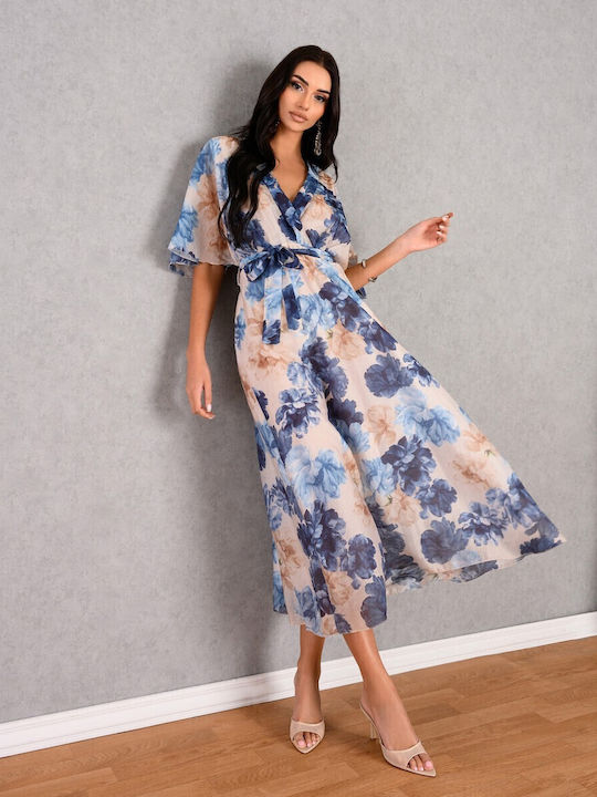 Summer Midi Evening Dress Wrap Blue