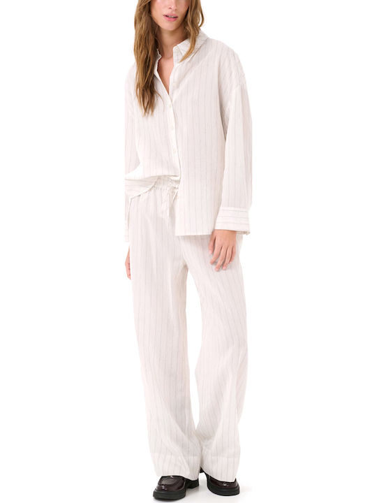 Women's Linen Striped Long Sleeve Shirt Ecru-black