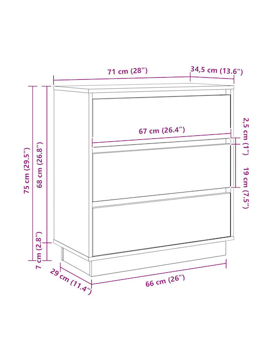 Συρταριέρα Κρεβατοκάμαρας White mit Glasoberfläche 71x34.5x75cm