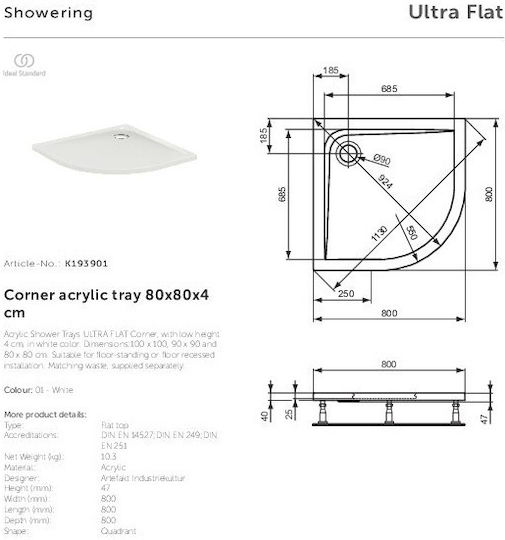 Ideal Standard Doccia Halbkreisförmig Acryl Dusche x80cm Weiß