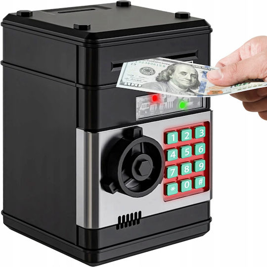 Cutie de Bani Electronic Atm Safe pentru Copii likesmart Safebank Lumină Sunete Deschidere cu Pin Ușă Deschisă Alertă Negru