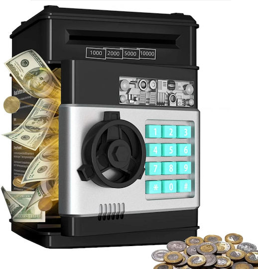 Cutie de Bani Electronic Atm Safe pentru Copii likesmart Safebank Lumină Sunete Deschidere cu Pin Ușă Deschisă Alertă Negru