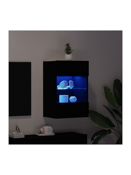 Floor-standing Living Room Display Cabinet made of Particleboard with Glass & Lighting Black Oak 40x30x60.5cm