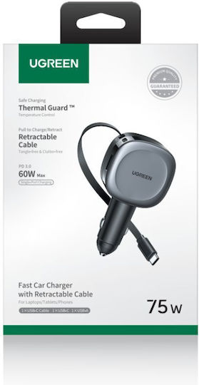 Ugreen EC601 Car Charger 75W Fast Charging with Ports: 1xUSB 1xType-C with Cable Embedded Gray Color