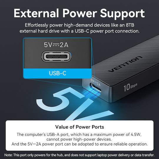 Vention USB 3.2 Хъб 5 порта с връзка USB-A и Зарядно Порт Черен
