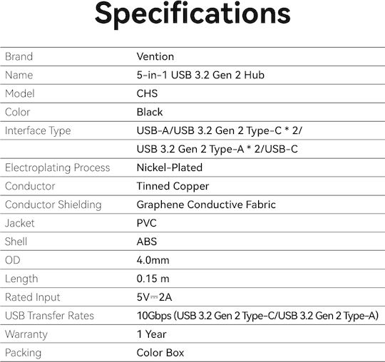 Vention USB 3.2 Хъб 5 порта с връзка USB-A и Зарядно Порт Черен