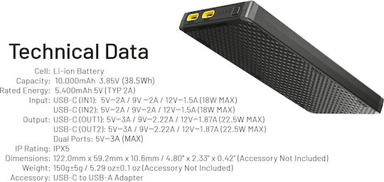 NiteCore NB10000 Gen3 Power Bank 10000mAh με 2 Θύρες USB-C Quick Charge Μαύρο