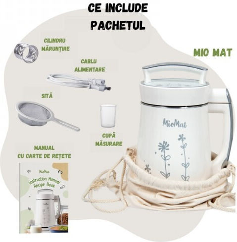 MioMat Dispozitiv Multifuncțional Pentru Prepararea Laptelui Vegetal Smoothie-urilor și Supelor Crema 1000 W