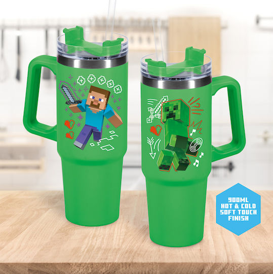 Paladone Sticlă Pentru Copii Minecraft Din Oțel Inoxidabil Cu Pai Verde 900ml