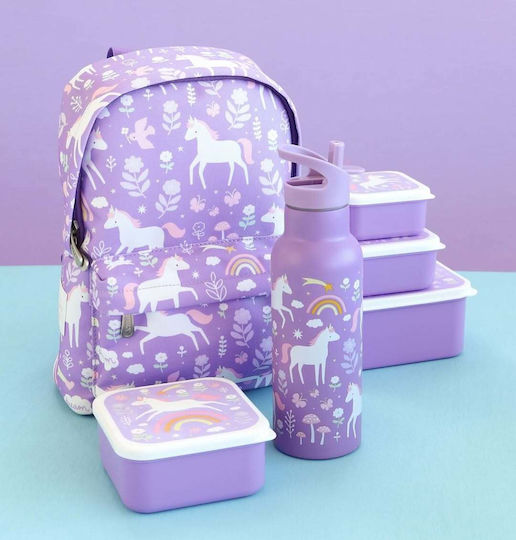 A Little Lovely Company Kids Water Bottle Thermos Unicorn Stainless Steel with Straw Non Spill Purple 500ml (Various Designs/Colours)