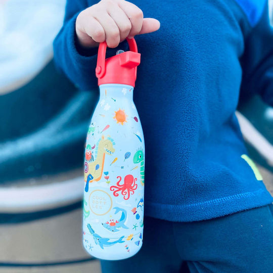 Cool Bottles Kids Water Bottle Thermos Silicone with Straw Light Blue 350ml