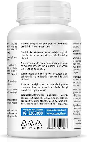 Zenyth Vitamin C + D3 + Zn Vitamina pentru Întărirea Sistemului Imunitar, Pielea & Acțiune Antioxidantă 100iu 1000mg 60 capace