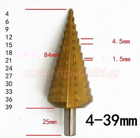 Pasco Conical Drill HSS-Tin cone 4-39mm HSS Titanium with Cylindrical Shank for Metal και Wood 004965