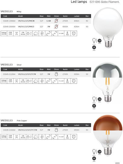 VK Lighting LED Bulb 7W 95mm for Socket E27 and Shape G95 Warm White 650lm Dimmable