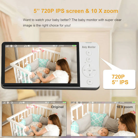 Drahtlose Babyüberwachung mit Kamera & Bildschirm 5" , Zwei-Wege-Kommunikation & Schlaflieder