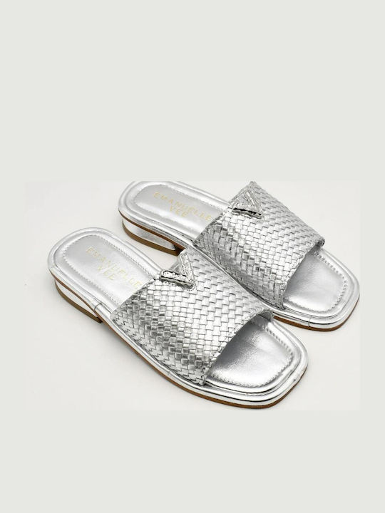 Leather Women's Flat Sandals in Silver Color