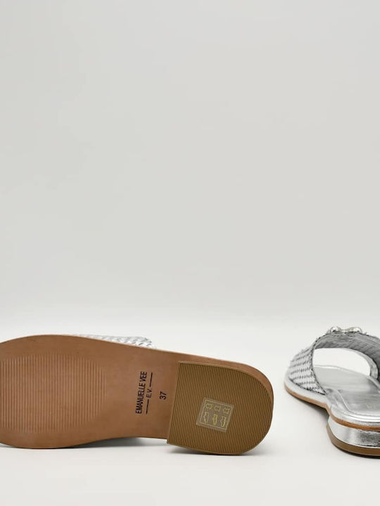 Leather Women's Flat Sandals in Silver Color
