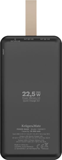 Kruger & Matz Power Bank 30000mAh 22.5W With 2 USB-A Output Ports And USB-C Power Delivery Quick Charge Port Black