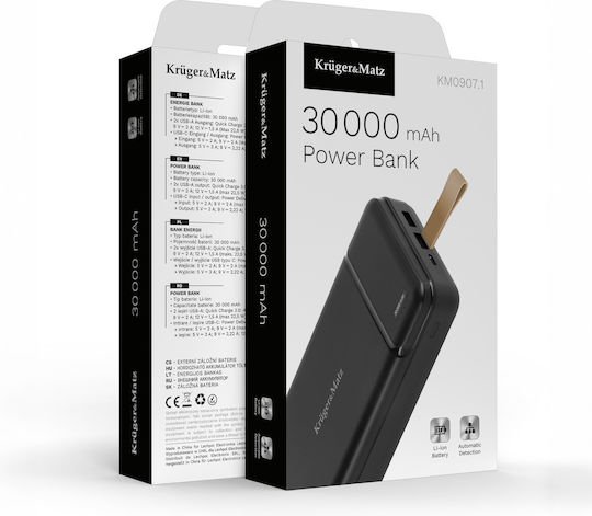 Kruger & Matz Power Bank 30000mAh 22.5W With 2 USB-A Output Ports And USB-C Power Delivery Quick Charge Port Black