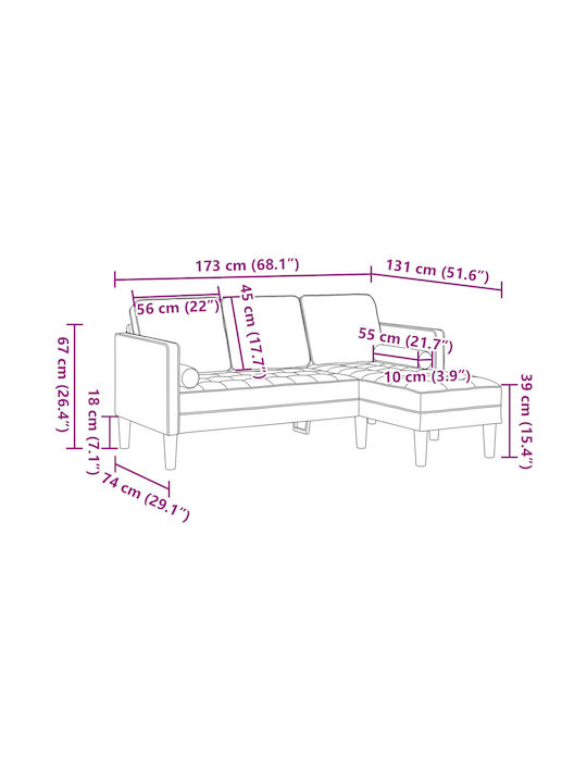 Colțar Canapea Catifea Roz Cu Perne Decorative 173x131x67cm