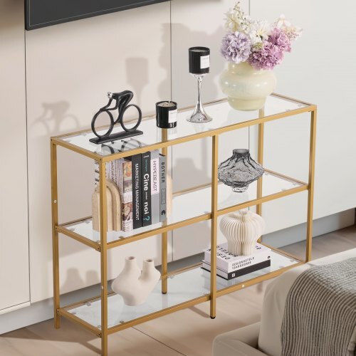 Console Table Metal with Glass Surface Golden L100xW30xH72.9cm
