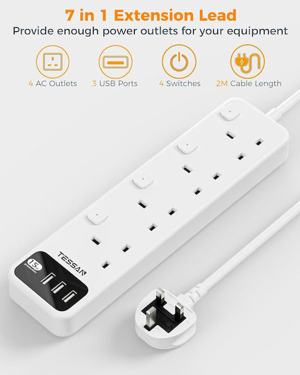 Tessan Πολύπριζο 7 Θέσεων με 3 USB-A, Διακόπτη και Καλώδιο 2m
