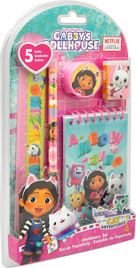 Kids Licensing Gabby's Dollhouse Kids Stationery Set with Pencil, Sharpener, Eraser, Notepad and Ruler 5pcs