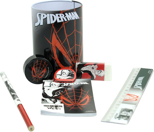 Gim Spiderman Kids Stationery Set with Pencil, Sharpener, Eraser, Notepad, Ruler and Pencil Holder 7pcs