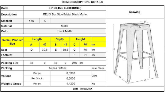 Stool for Bar Outdoor Relix Black 43x43x76cm