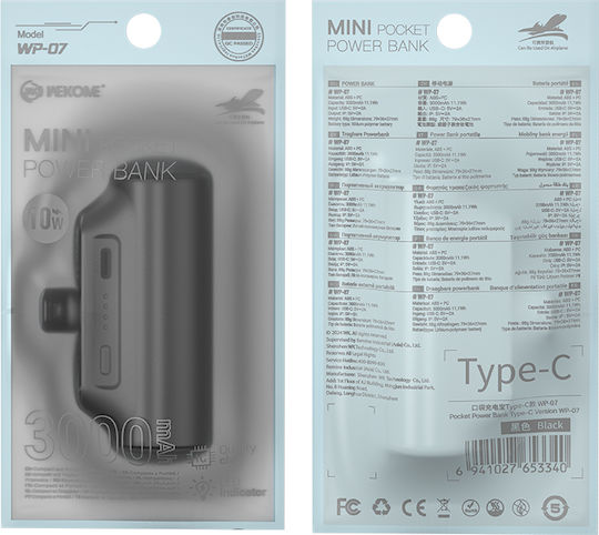 WK WP-07 USB-C Power Bank 3000mAh 10W Черен
