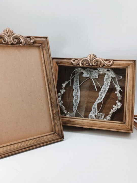 Korres Craft Tabletop Rectangle Wedding Crown Case / Photo Frame Wooden Gold 26.5x33cm
