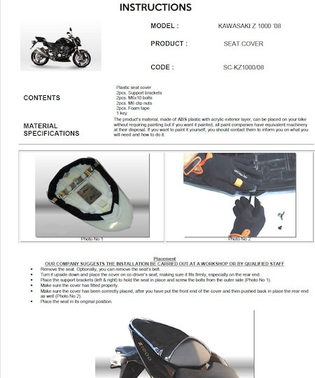 Șa Simplă Husă Șa Kawasaki Z1000 2007-2009