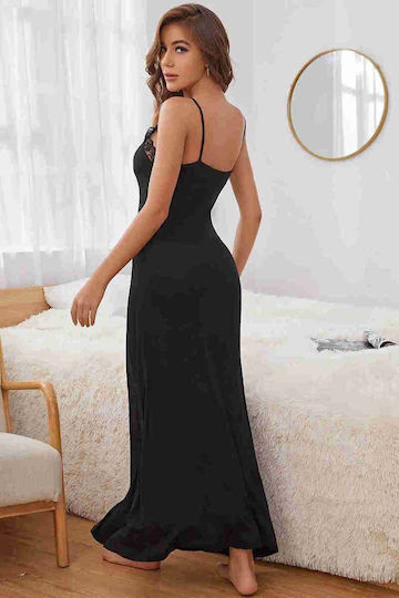 Merry See Sexy Long Nightdress Side Opening Lace Black