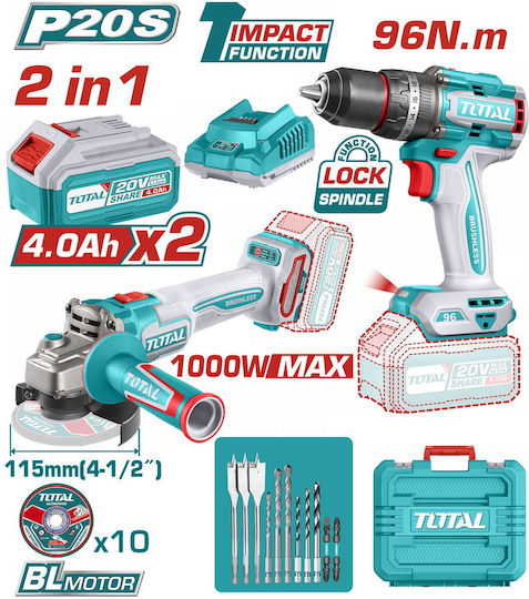Total TOSLI241298E Сет Ъглово колело & Двигател за бормашина Безчетков 20V с 2 батерии 4Ах