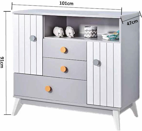 Kinderkommode Bird House Gray / Weiß mit 3 Schubladen 101x47x91cm
